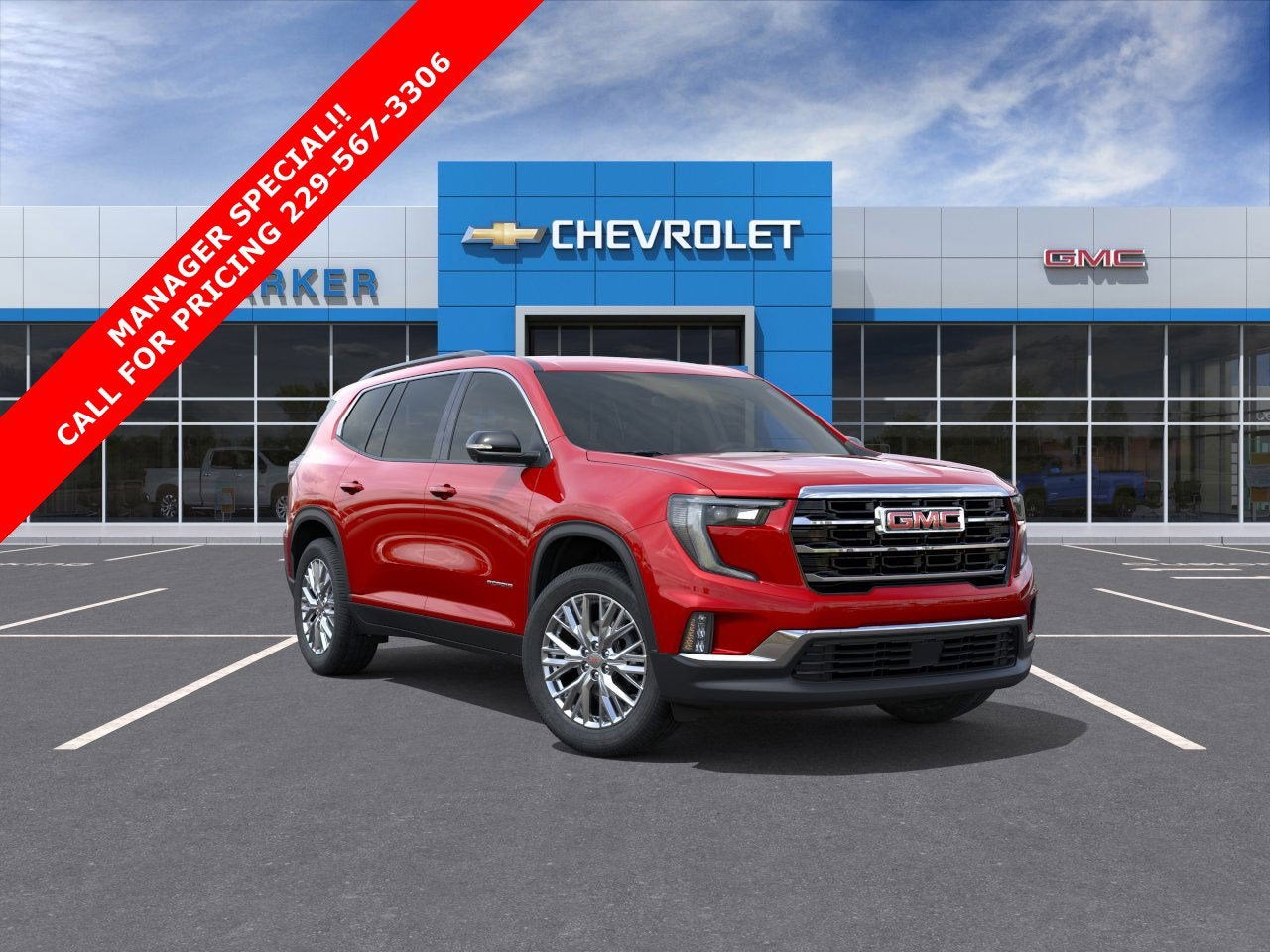 2026 GMC Acadia Elevation in Volcanic Red Tintcoat — front three-quarter view