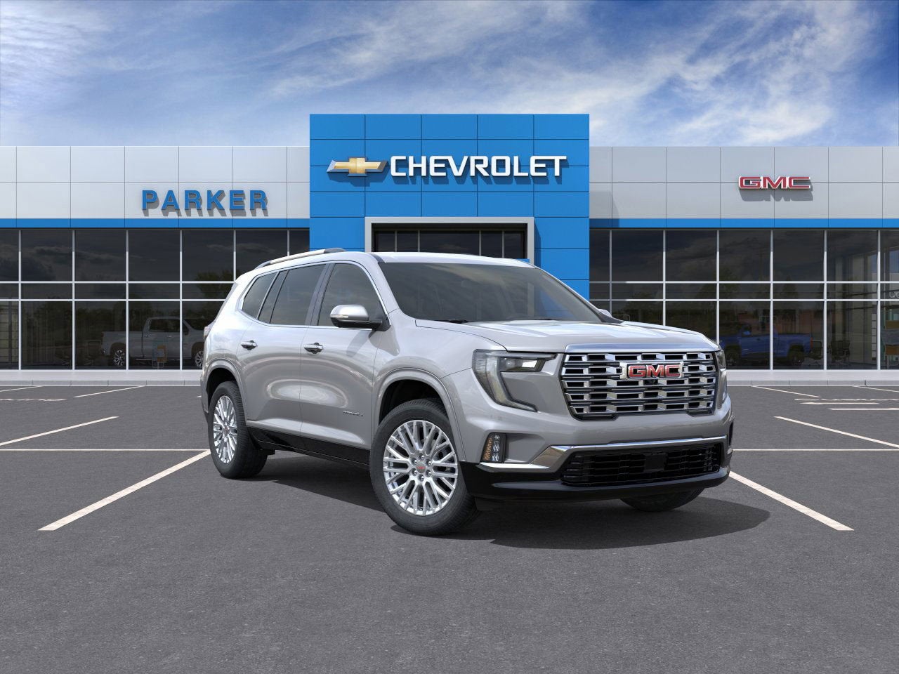 2026 GMC Acadia Denali in Sterling Metallic — front three-quarter view