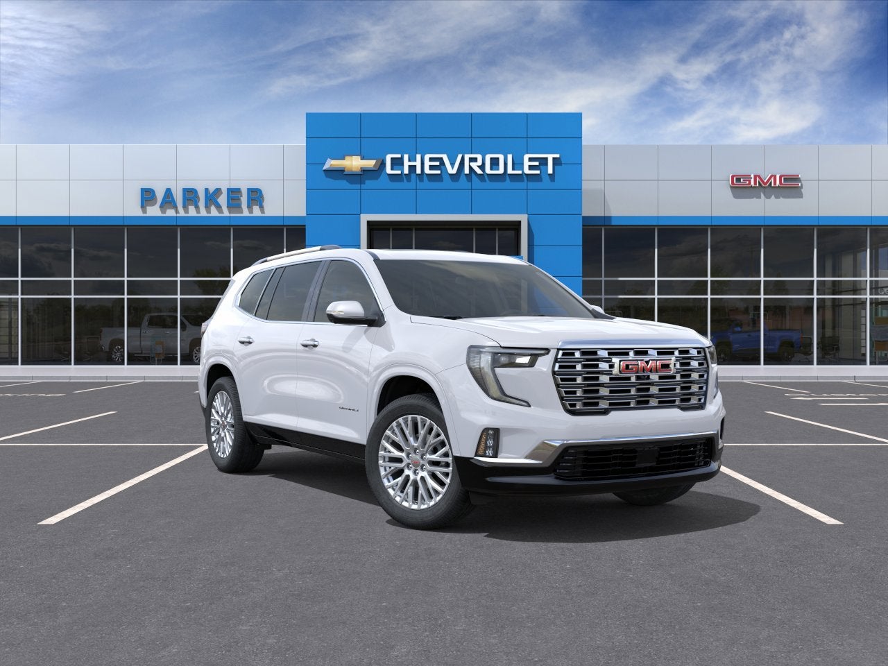 2026 GMC Acadia Denali in Summit White — front three-quarter view