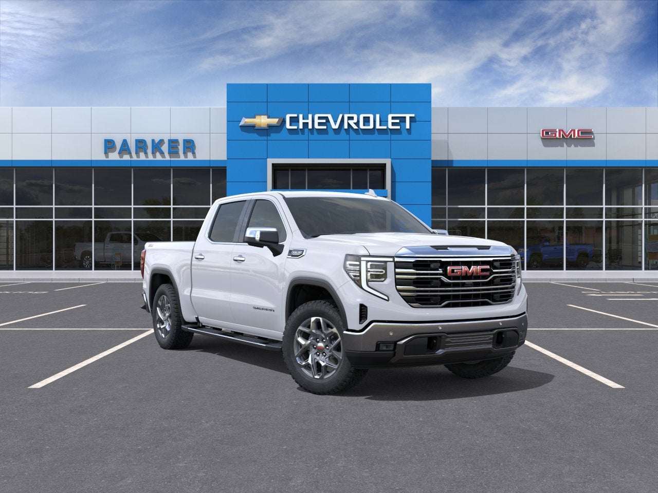 2026 GMC Sierra 1500 SLT in Summit White — front three-quarter view