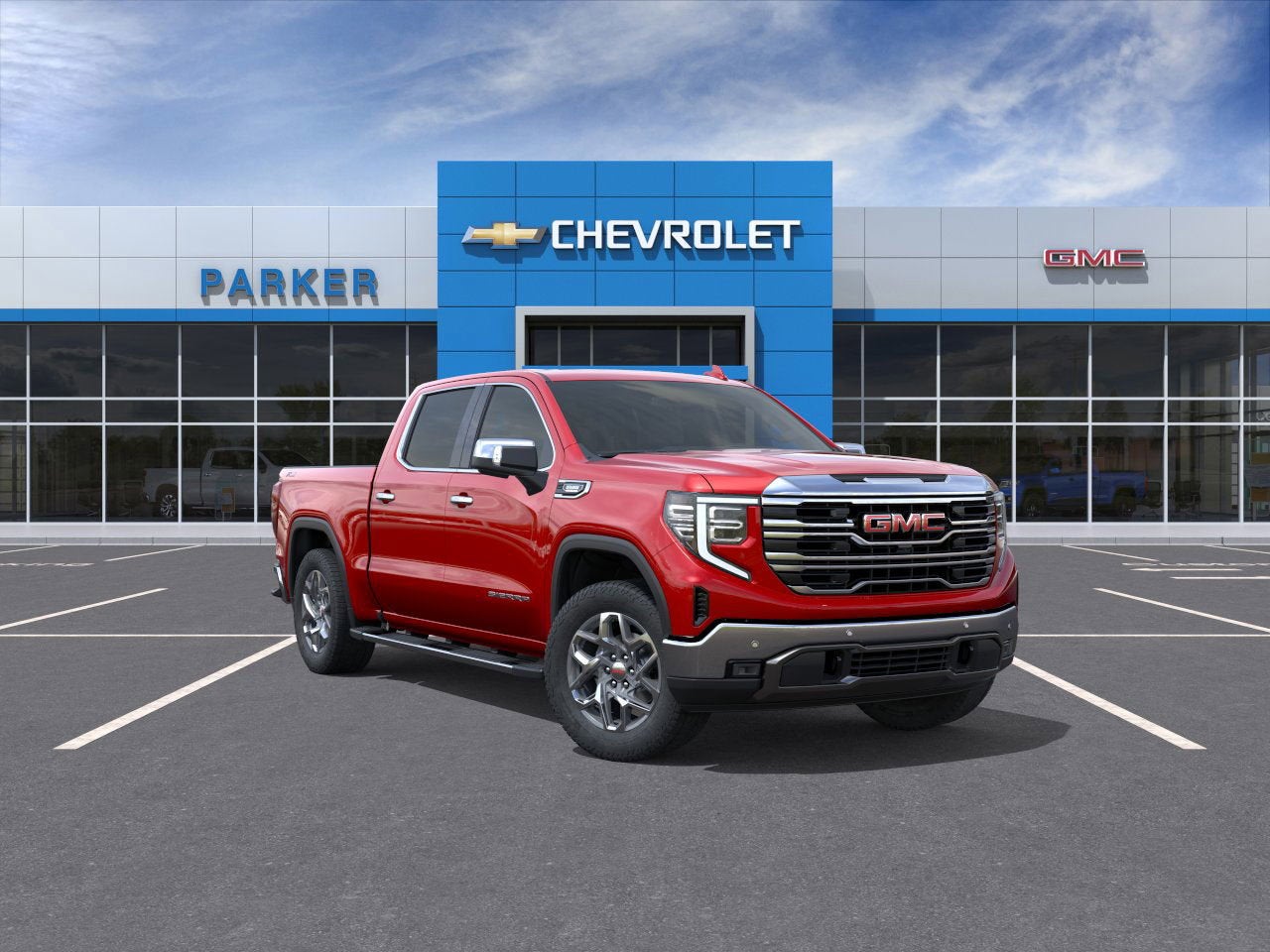2026 GMC Sierra 1500 SLT in Volcanic Red Tintcoat — front three-quarter view